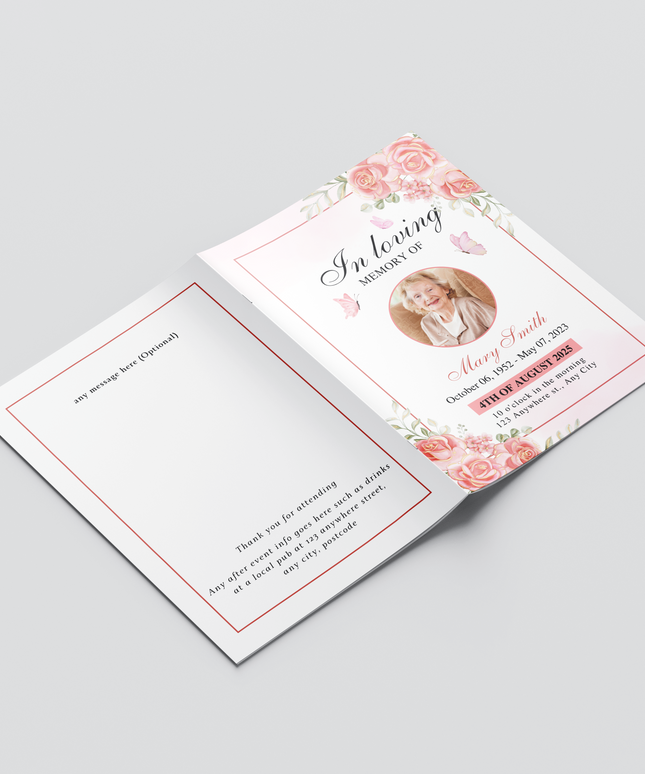 A5 Blush Rose & Butterfly Order of Service | We Design & Print | Feminine Pink