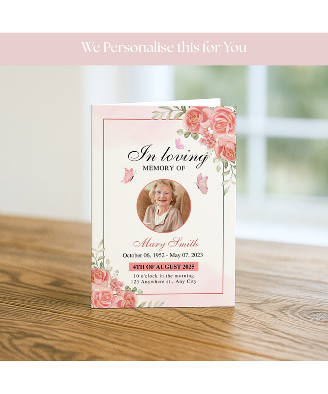 A5 Blush Rose & Butterfly Order of Service | We Design & Print | Feminine Pink