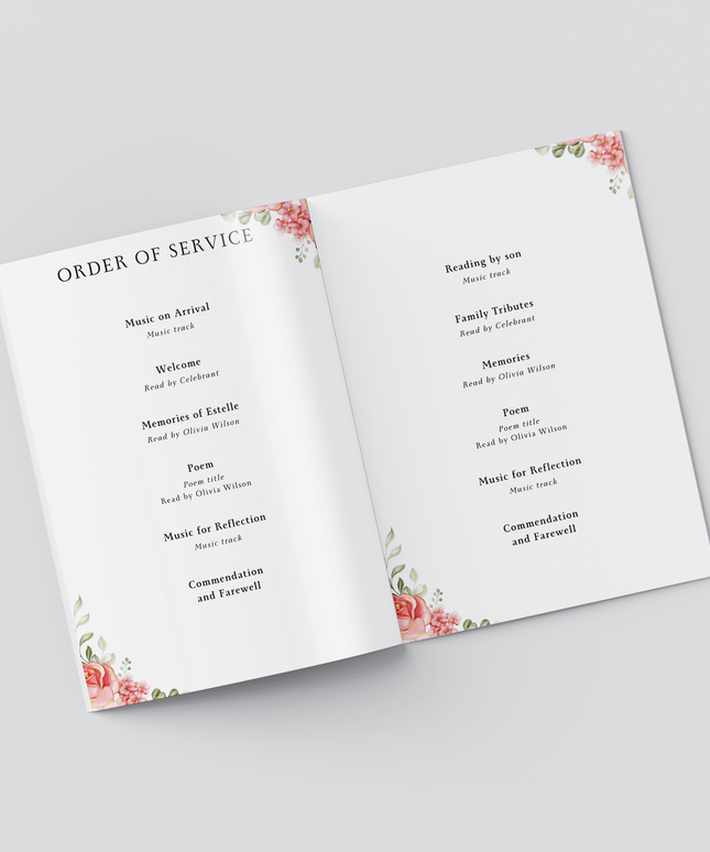 A5 Blush Rose & Butterfly Order of Service | We Design & Print | Feminine Pink